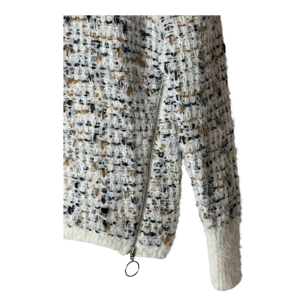 Bobeau Sweater Women XS Ivory Black Tweed‎ Knit Side Zip Crew Neck Pullover NWT